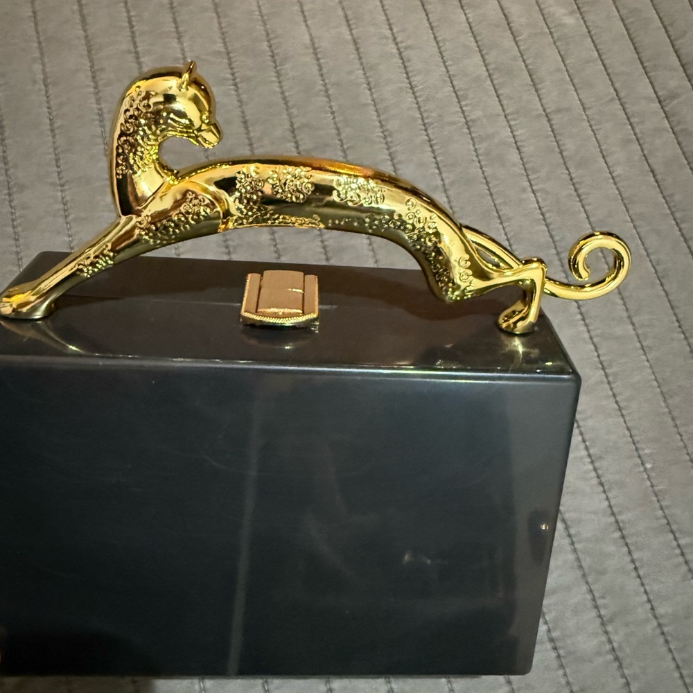 Plastic Black Clutch with Gold Leopard Handle - Picture 2 of 12
